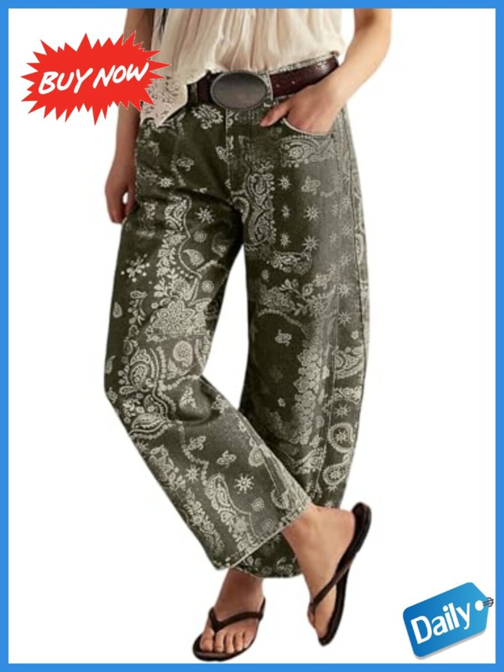Floral Print Wide Leg Barrel Jeans Ankle Pants Mid Rise Cotton Blend